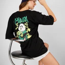 eraworld Women Graphic Print Round Neck Pure Cotton Black T-Shirt image 3