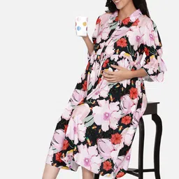 The Kaftan Company Women Maternity Floral Printed Shirt Collar Fit & Flare Midi Dress image 5