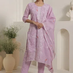 Indo Era Women Floral Embroidered Round Neck Thread Work Kurta with Trousers & Dupatta-image-36