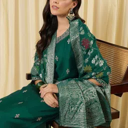 Indo Era Women Ethnic Motifs Embroidered Regular Thread Work Kurta with Trousers & With Dupatta image 2