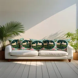 LUSHLYF Festive Green & White 5 Pieces Lotus Printed Velvet Square Cushion Covers image 5