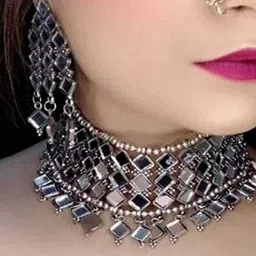 VRAJ CREATION Silver Plated Mirror Studded Jewellery Set image 4