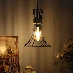 Two Moustaches Black & Gold-Toned Textured Cage Design Metal Hanging Ceiling Lamp image 3