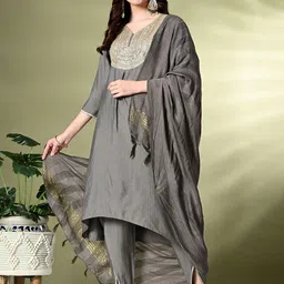 KALINI Yoke Design Floral Sequinned V-Neck A-Line Kurta With Dhoti Pants And Dupatta-image-21