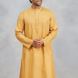Fabindia Striped Band Collar Silk Blend Straight Kurta-image-57