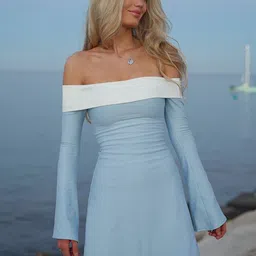 KPOP Women Colourblocked Off-Shoulder Flared Sleeve Fit & Flare Mini Dress-picture-32
