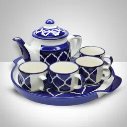 earthystone Pack of 5 Ceramic Hand Painted Ceramic Tea Pot Kettle Set of 4 Cups 180ml Kettle 800ml and Tray-picture-25