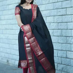vastrahaar Women Solid Cotton Silk Ethnic Dress With Attached Dupatta image 3