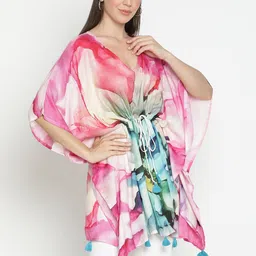 Tiara Floral Printed V-Neck Tasselled Tie-Up Shrug image 3