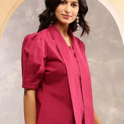 ARAVALII Tie-Up Neck Puff Sleeve Tropical Cotton Shirt Style Top image 3