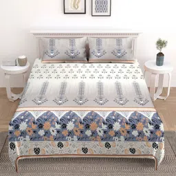 Aura White & Blue Ethnic Motifs Printed 200 TC King Bedsheet Set 2.28 m x 2.54 m image 2