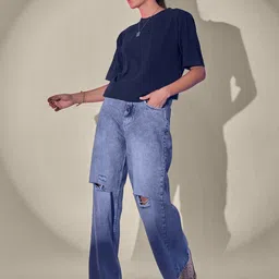 QIOA Round Neck Drop-Shoulder Sleeves Cotton Oversized T-shirt image 2