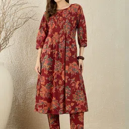Indo Era Printed V-Neck Three-Quarter Sleeves Pure Cotton Tunic And Trousers image 3
