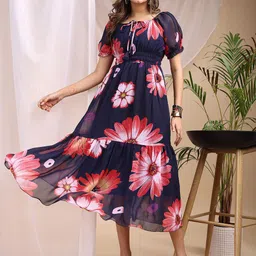 Attire Empire Floral Print Puff Sleeve Georgette A-Line Midi Dress-image-32