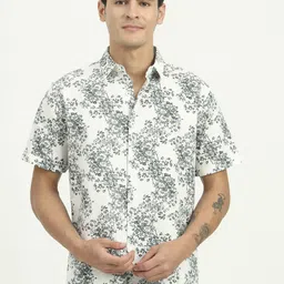 Greenfibre Floral Printed Cutaway Collar Short Sleeves Slim Fit Cotton Shirt-picture-17