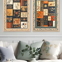 Kotart Brown & Orange Colored 2 Pieces Floral Printed Wooden Wall Art-picture-31