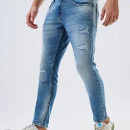 SPYKAR Men Cotton Slim Fit Mildly Distressed Heavy Fade Jeans image 5
