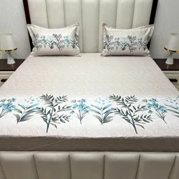 Pure Decor Royal Majestic Beige & Blue Floral Cotton 380 TC King Bedsheet Set-2.74mX2.74m-image-42