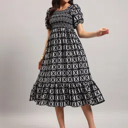 Femvy Print Puff Sleeve Crepe Fit & Flare Midi Dress-image-64