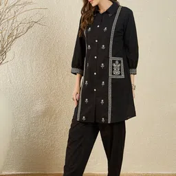 Indo Era Women Ethnic Motifs Embroidered Regular Thread Work Pure Cotton Kurta with Trousers-picture-33