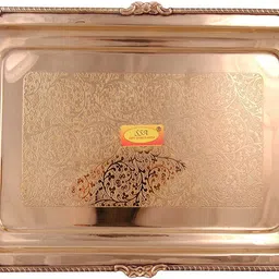 shivshakti arts Pure Brass Tray | Plate | Platter | Serving Tray - (Karvi Flower Eatching Design, Big) - 13.85 Inch Tray image 3