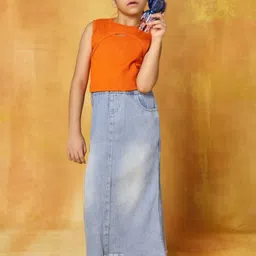 SHORGUL Girls Striped Sleeveless Pure Cotton Crop Top with Skirt-image-23