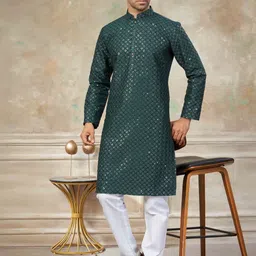 House of Pataudi Embellished Mandarin Collar Pure Silk Straight Kurta image 4