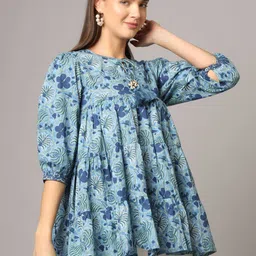 JAPER KURTI Women Floral Printed Tie-Up Neck A-Line Cotton Top-image-2