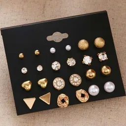Vembley Set Of 12 Golden Studded Pearl Stud Earrings image 3