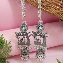 I Jewels Silver-Plated Oxidised Dome Shaped Jhumkas With Earchain-picture-18