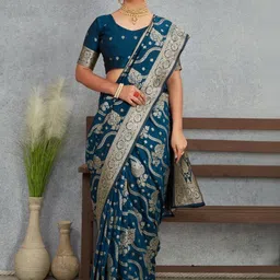 VASTRAAVEDAA Ethnic Motifs Zari Art Silk Handloom Banarasi Saree image 2