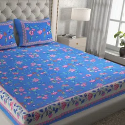 KD PRINTS Blue & Pink Floral 180 TC Bedsheet Set 76.2 m-image-5