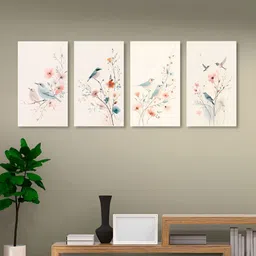 nestroots Birds on Branch Beige & Blue 4 Pieces Canvas Painting Wall Arts-picture-22