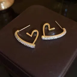 Estailo fashion Gold-Plated Artificial Stones Studded Heart Shaped Half Hoop Earrings-image-57