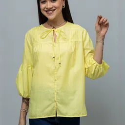 PURYS WORKSPACE Tie-Up Neck Puff Sleeve Linen Shirt Style Top-picture-16