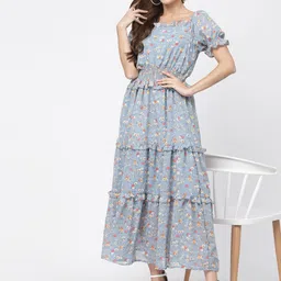 DELIS Floral Printed Puff Sleeve Smocked Tiered Maxi Dress image 4