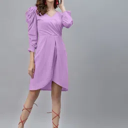 Selvia Women Gathered V-Neck Puff Sleeve Wrap Dress-image-0