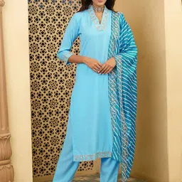 Navlik Women Leheriya Regular Thread Work Kurta with Trousers & With Dupatta-image-91
