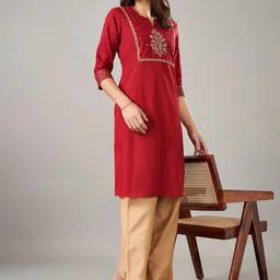 RANGMANCH BY PANTALOONS Yoke Design Round Neck Thread Work Pure Cotton Straight Kurta image 2