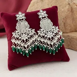 TESSARA Silver-Plated Artificial Stones Studded And Beaded Floral Shaped Drop Earrings image 5