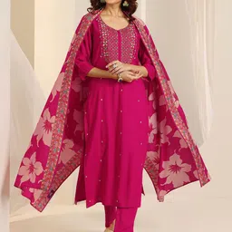 Libas Floral Embroidered Round Neck Thread Work Straight Kurta With Trousers & Dupatta-image-51