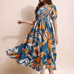 PTVIZE Floral Print Puff Sleeve Crepe Fit & Flare Midi Dress image 4