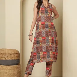 Anouk Rustic Women Ethnic Motifs Printed Sleeveless Kurta with Trousers-picture-42