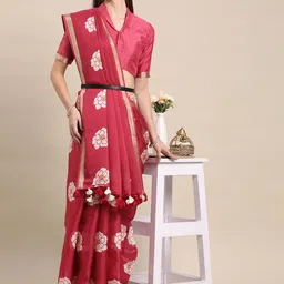 BAPS Floral Printed Saree With Tassels image 5