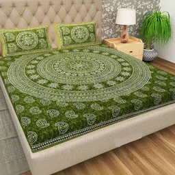 DGSM CRAFT Green & Multicoloured Ethnic Motifs 144 TC King Bedsheet with 2 Pillow Covers-picture-10