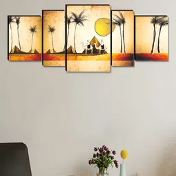 Myntra Elegant Homes Yellow & Black 5 Pieces Wooden Village Painting Wall Arts-image-38