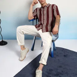 Kotty Men Vertical Stripes Self Design Cotton Sheer Casual Shirt-image-89