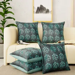 Tesmare Brown & Teal Set of 5 Floral Velvet Square Cushion Covers-picture-20