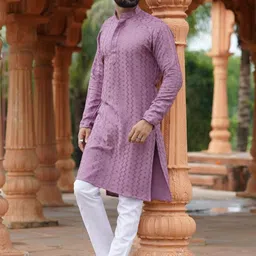 INDIROOP Men Embroidered Regular Chikankari Kurta with Pyjamas image 4