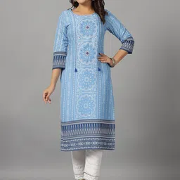 Juniper Ethnic Motifs Printed Round Neck Beads Work Straight Kurta-image-83